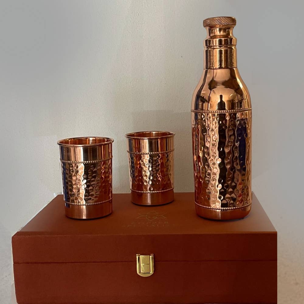 Pure Copper Set (Hammered Bottle & 2 Cups)