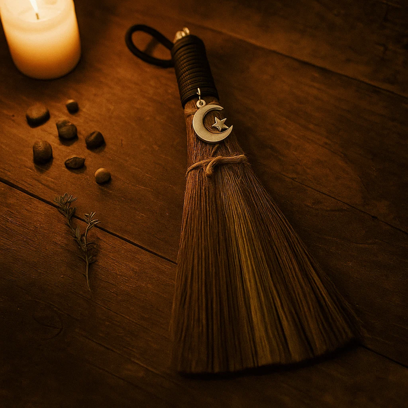 Broom with Metal Crescent Moon & Star