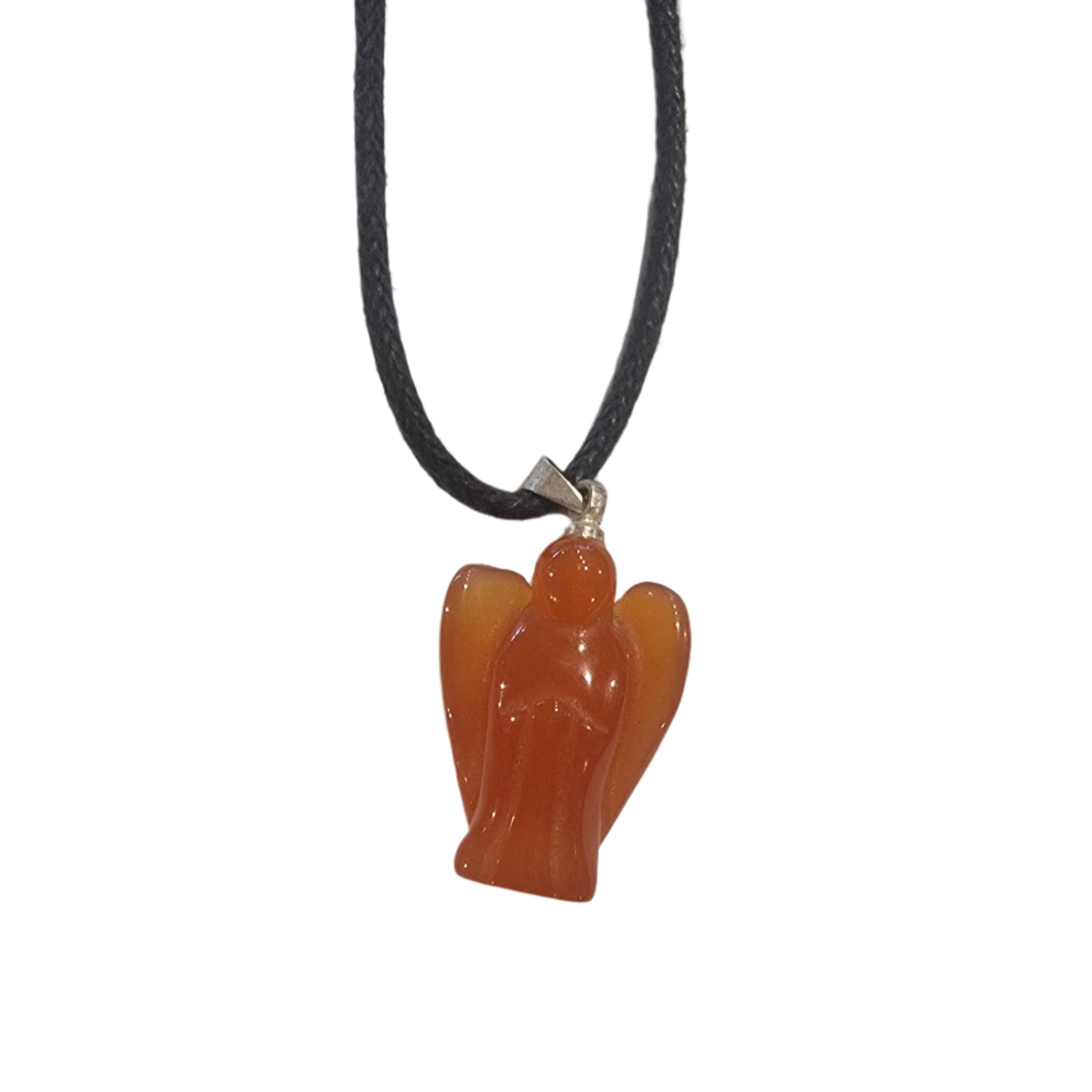 A carnelian stone pendant in the shape of an angel, attached to a black cord.