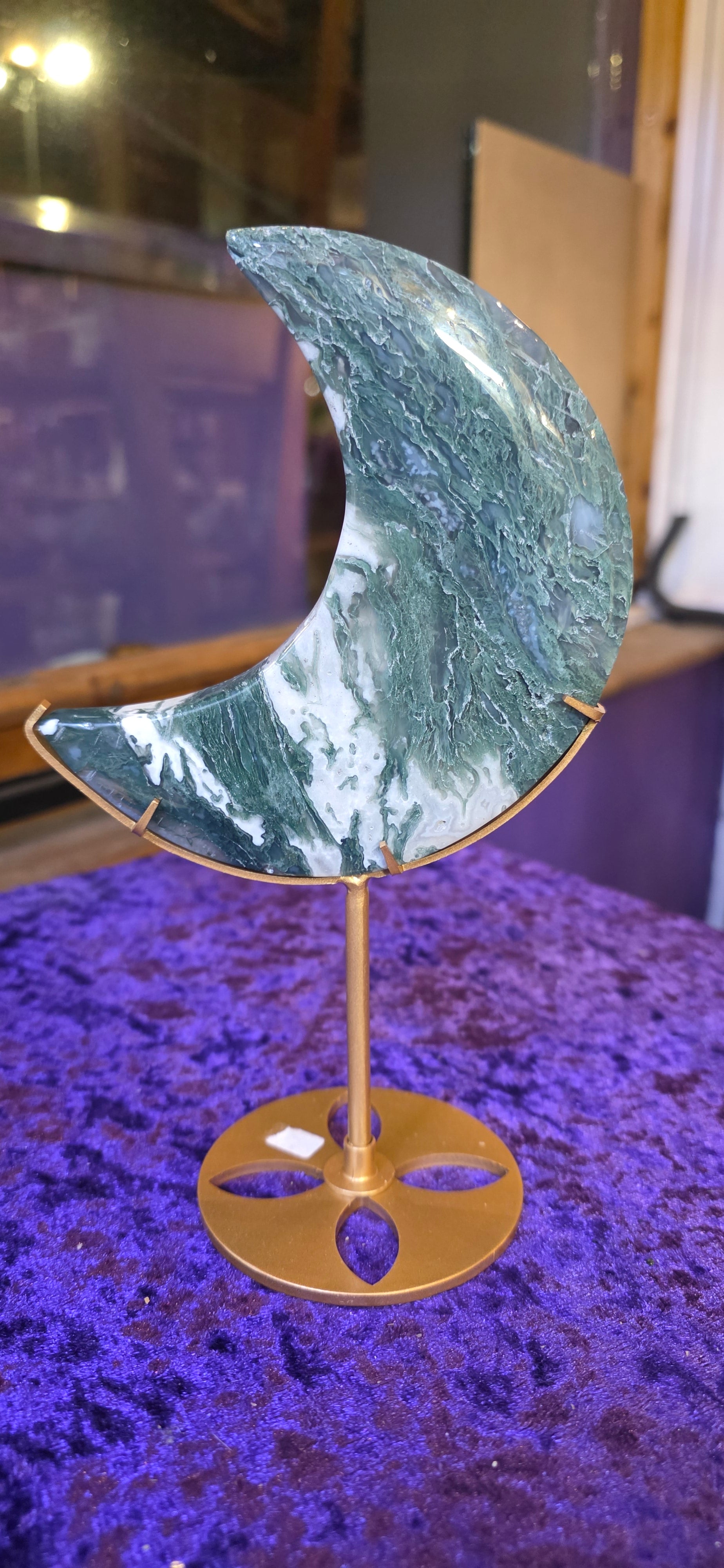 Moss Agate Moon with Stand
