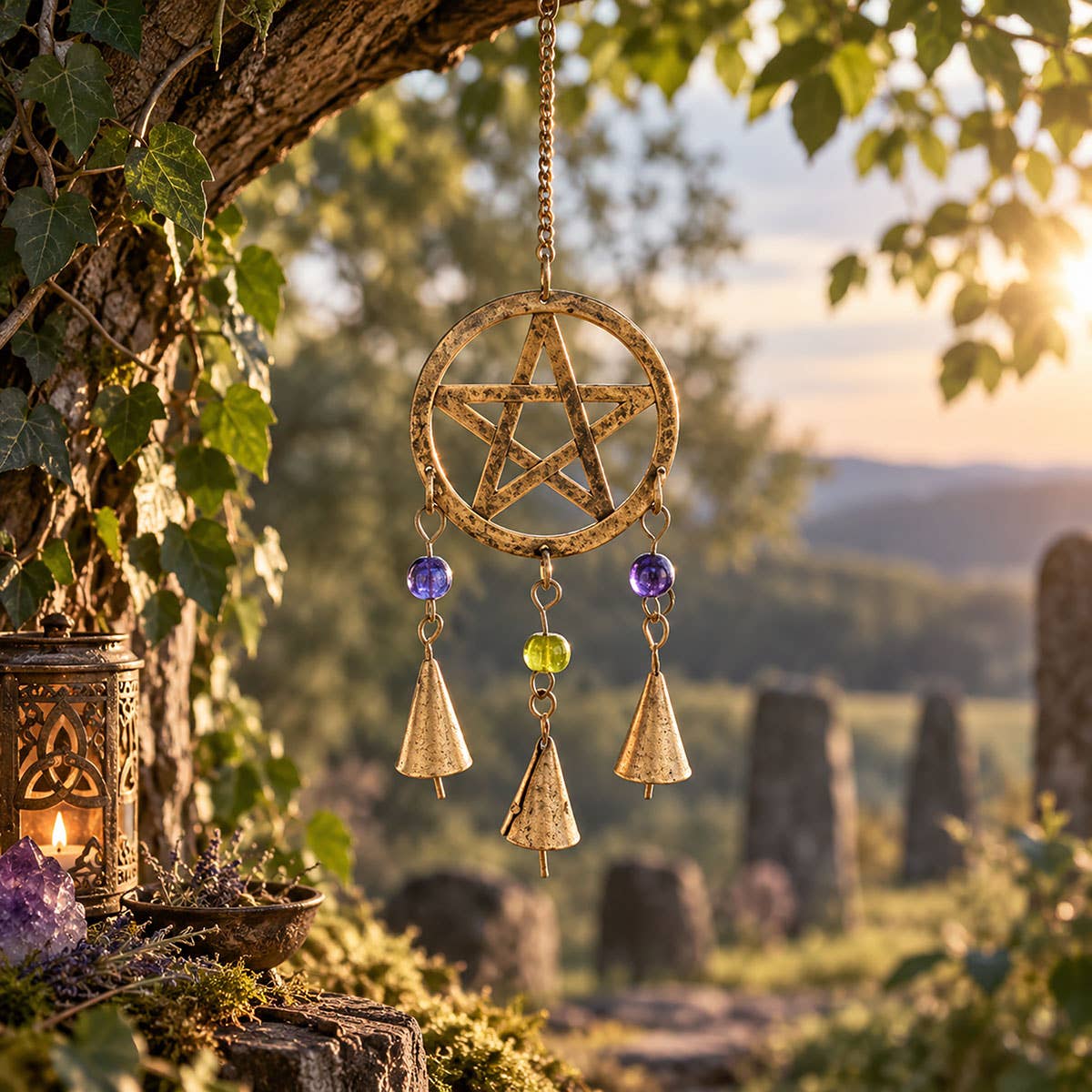 Hanging Bells Pentagram Windchime Gold (34 cm)