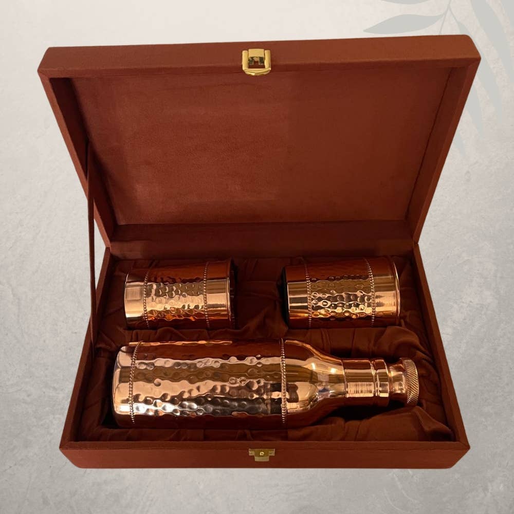 Pure Copper Set (Hammered Bottle & 2 Cups)