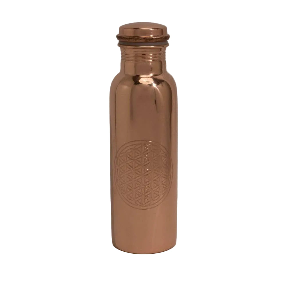 Copper water bottle with geometric design on a neutral background