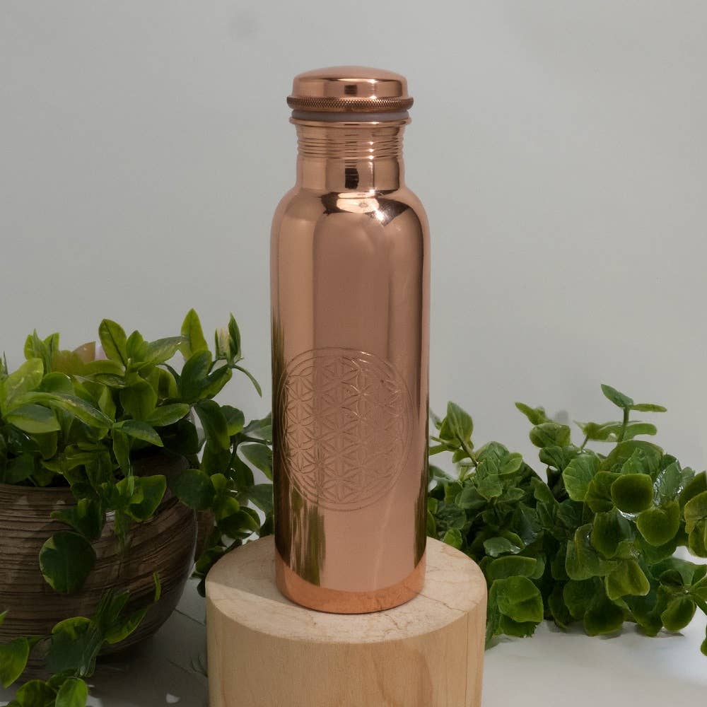 Pure Copper Water Bottle (Flower of Life, Smooth, 750ml)