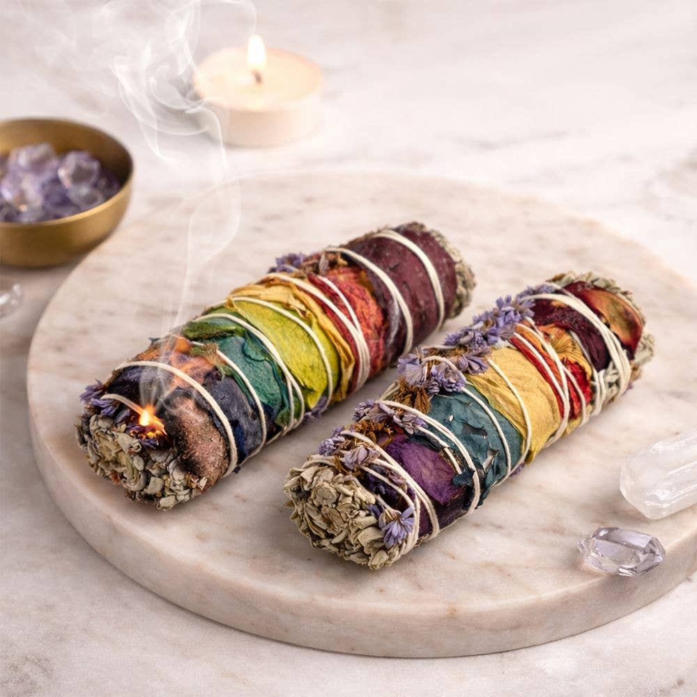 7 Chakra White Sage & Purple Sinuata Smudge Stick, 4"