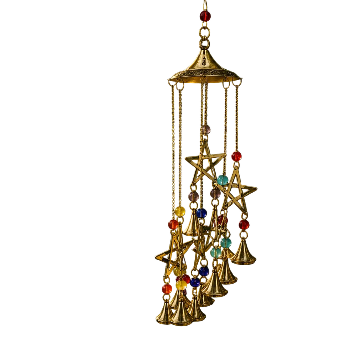Pentagram Gold Brass Windchime with Colourful Beads