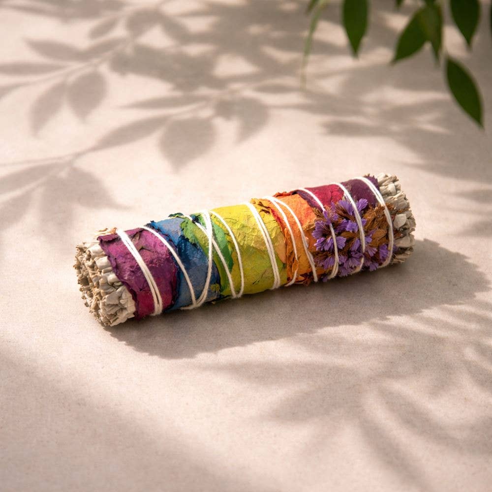 7 Chakra White Sage & Purple Sinuata Smudge Stick, 4"