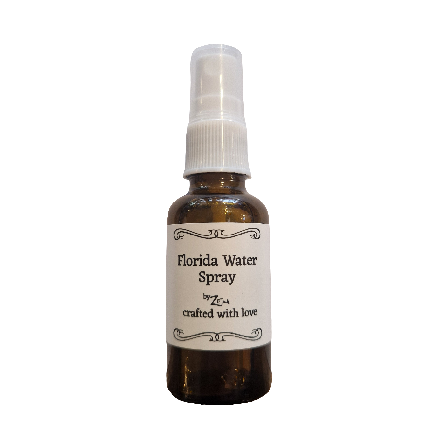 Bottle of Florida Water Spray with a white label on a white background