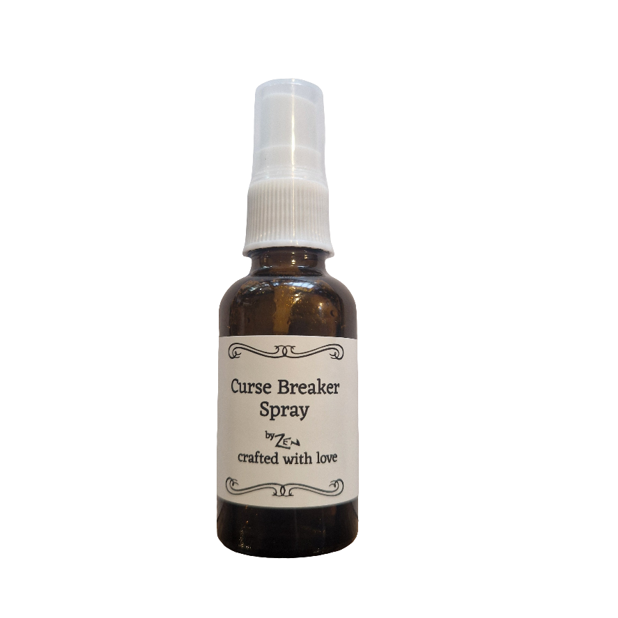 Bottle of Curse Breaker Spray with a white label on a white background