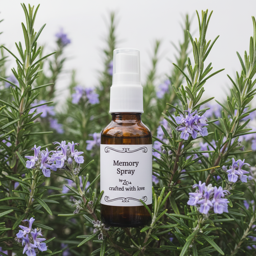 Brown spray bottle labeled 'Memory Spray by Le, crafted with love' on a white background