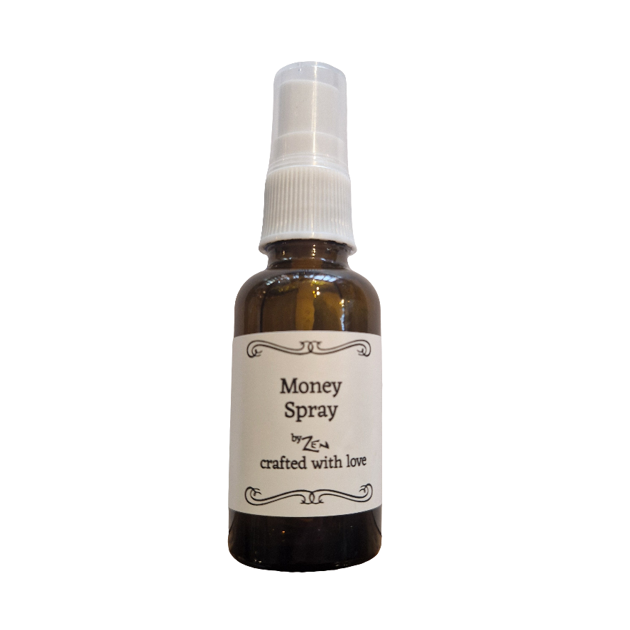 Bottle of 'Money Spray' with a label on a white background