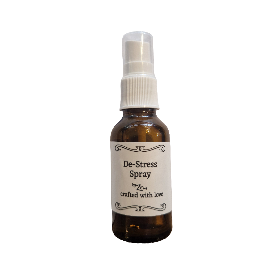 De-Stress Spray bottle with a white label on a white background
