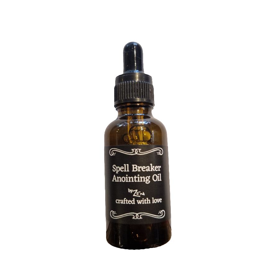 Brown glass bottle with dropper labeled 'Spell Breaker Anointing Oil' on a white background