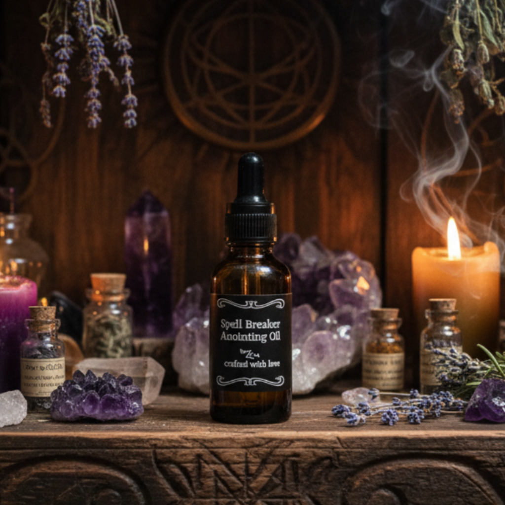 An amber glass dropper bottle of Spell Breaker Anointing Oil by ZC-4, featuring a black label with white text, isolated on a white background.