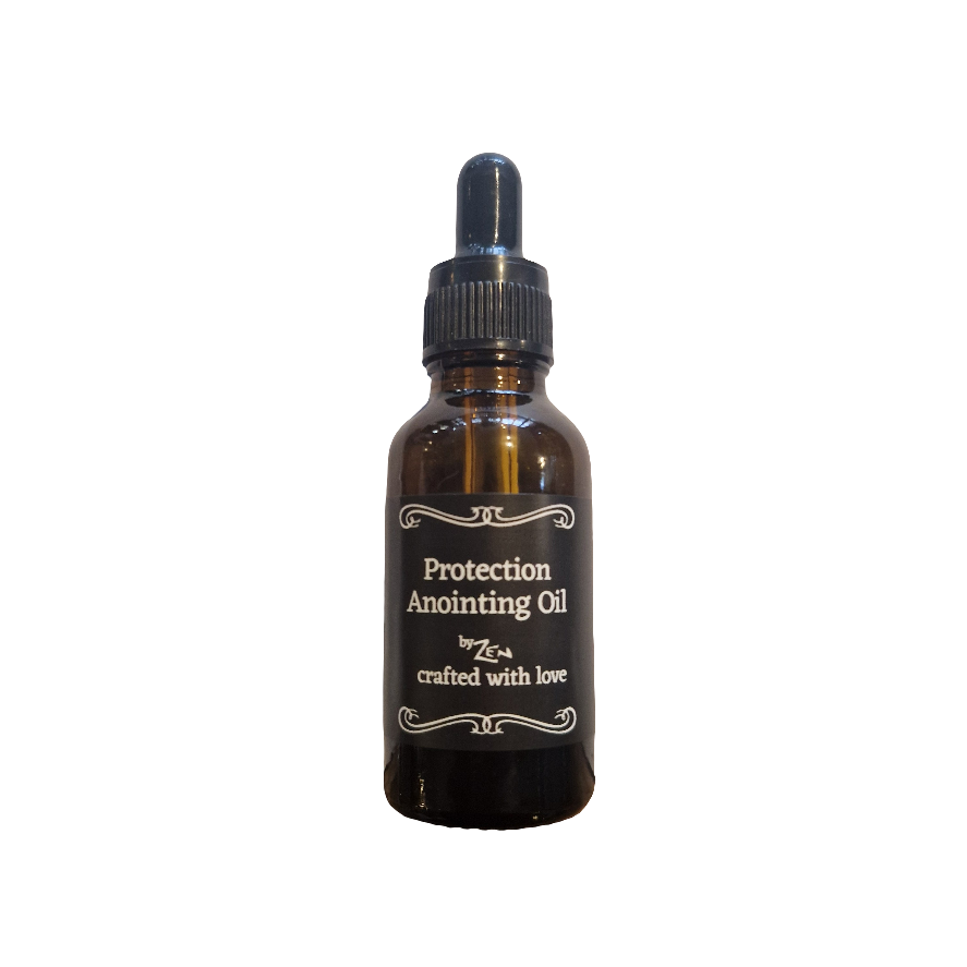 Bottle of protection anointing oil with a dropper on a white background