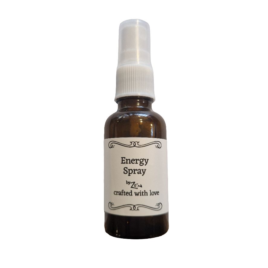 Bottle of energy spray with a white label on a white background