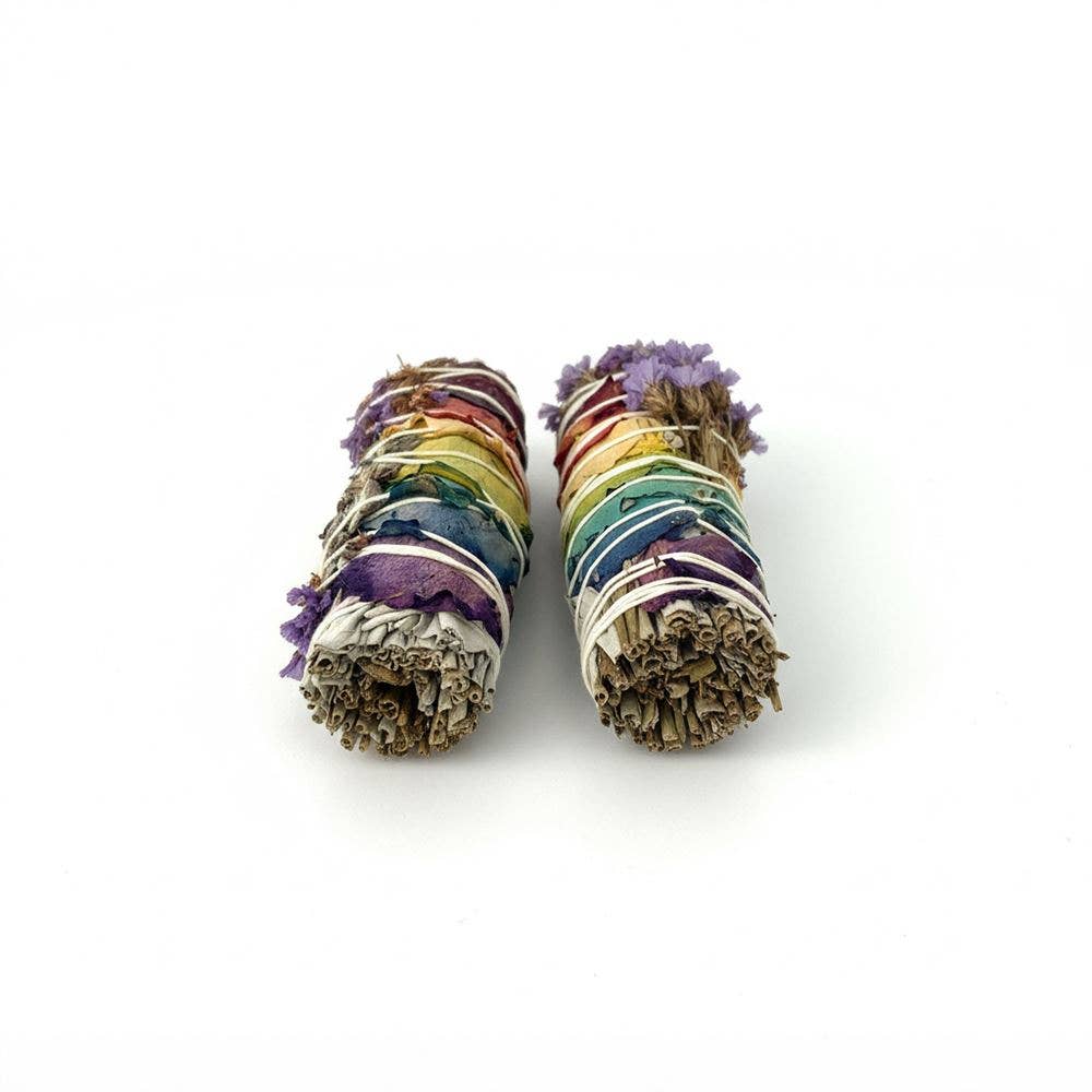 7 Chakra White Sage & Purple Sinuata Smudge Stick, 4"