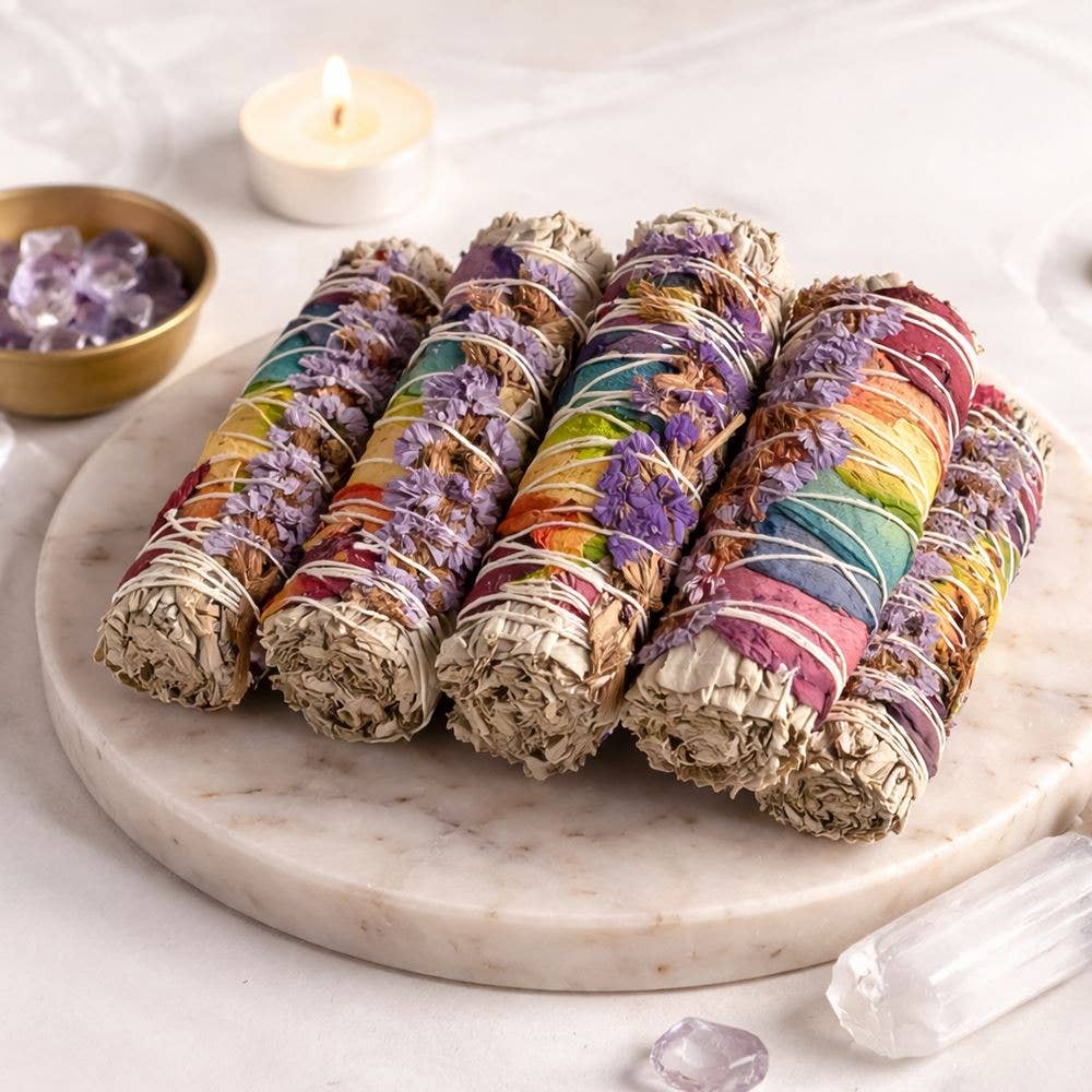 7 Chakra White Sage & Purple Sinuata Smudge Stick, 4"