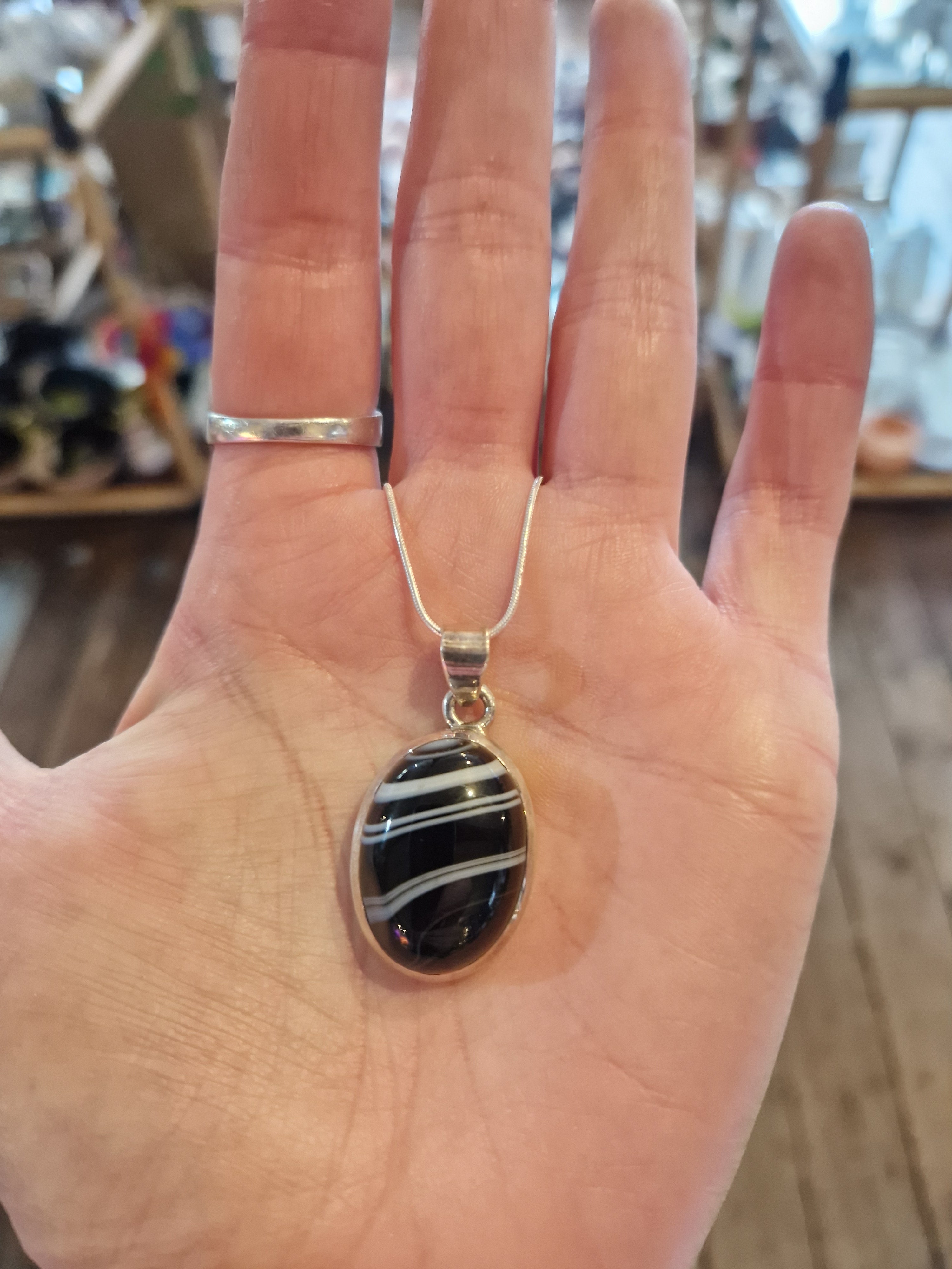 Black Banded Agate Silver Necklace