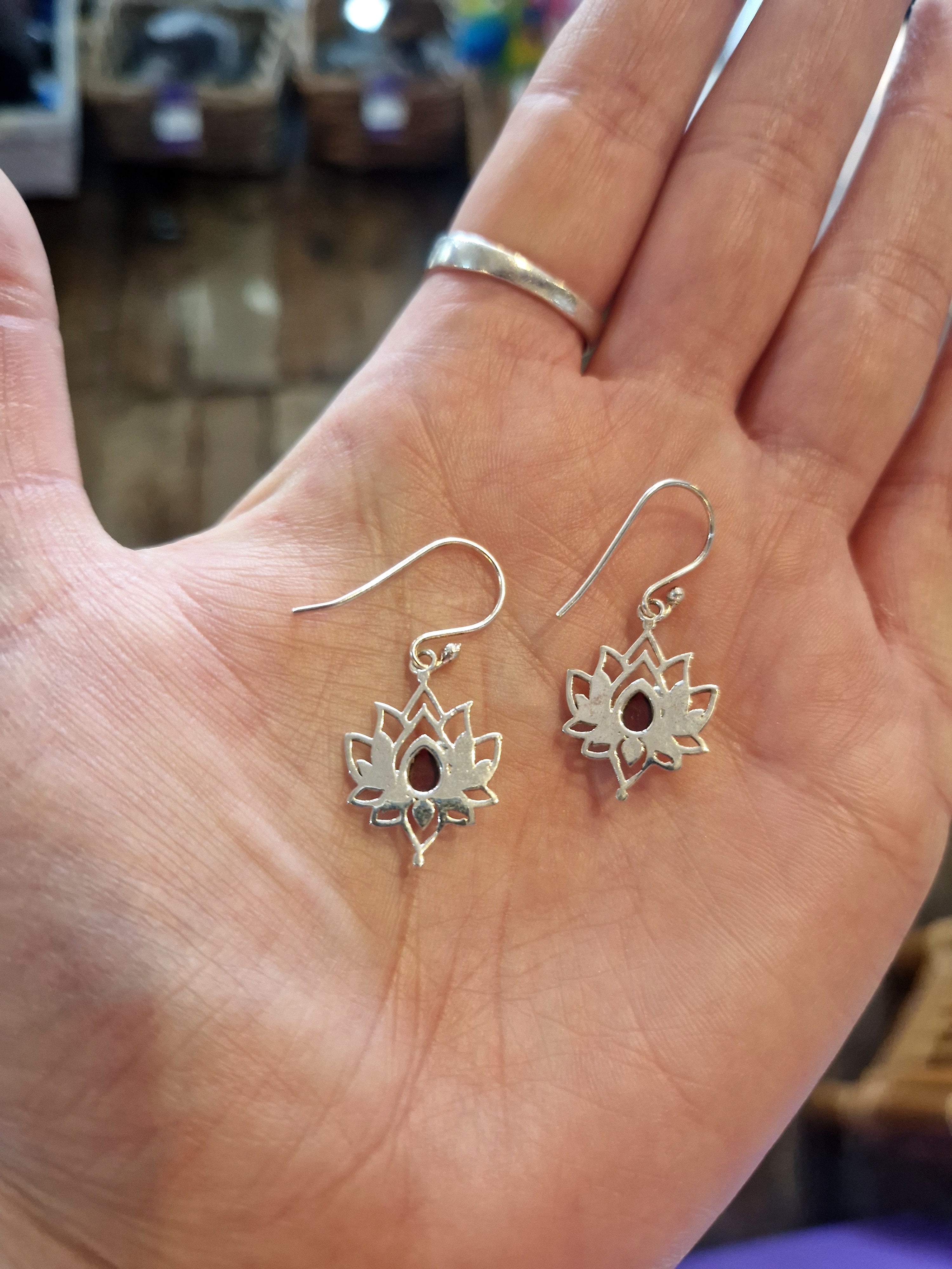Garnet Lotus Silver Earrings