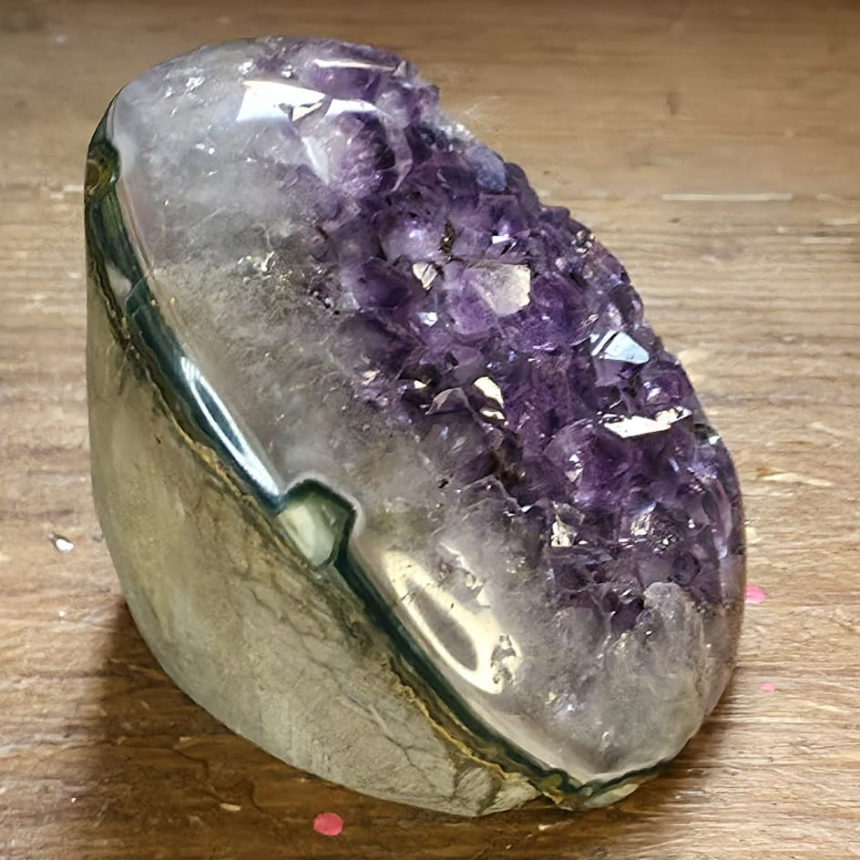 Amethyst crystal on a wooden surface with a purple background
