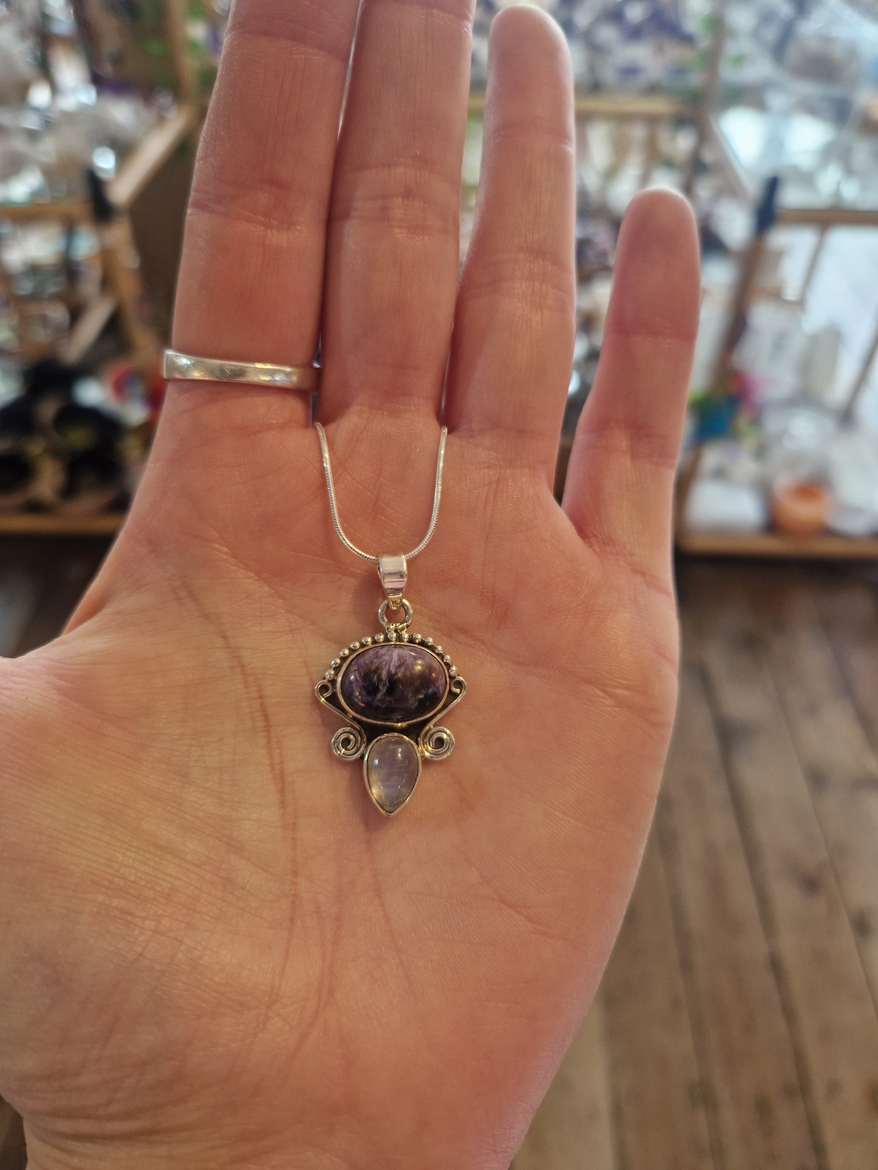 Charoite & Moonstone Silver Necklace