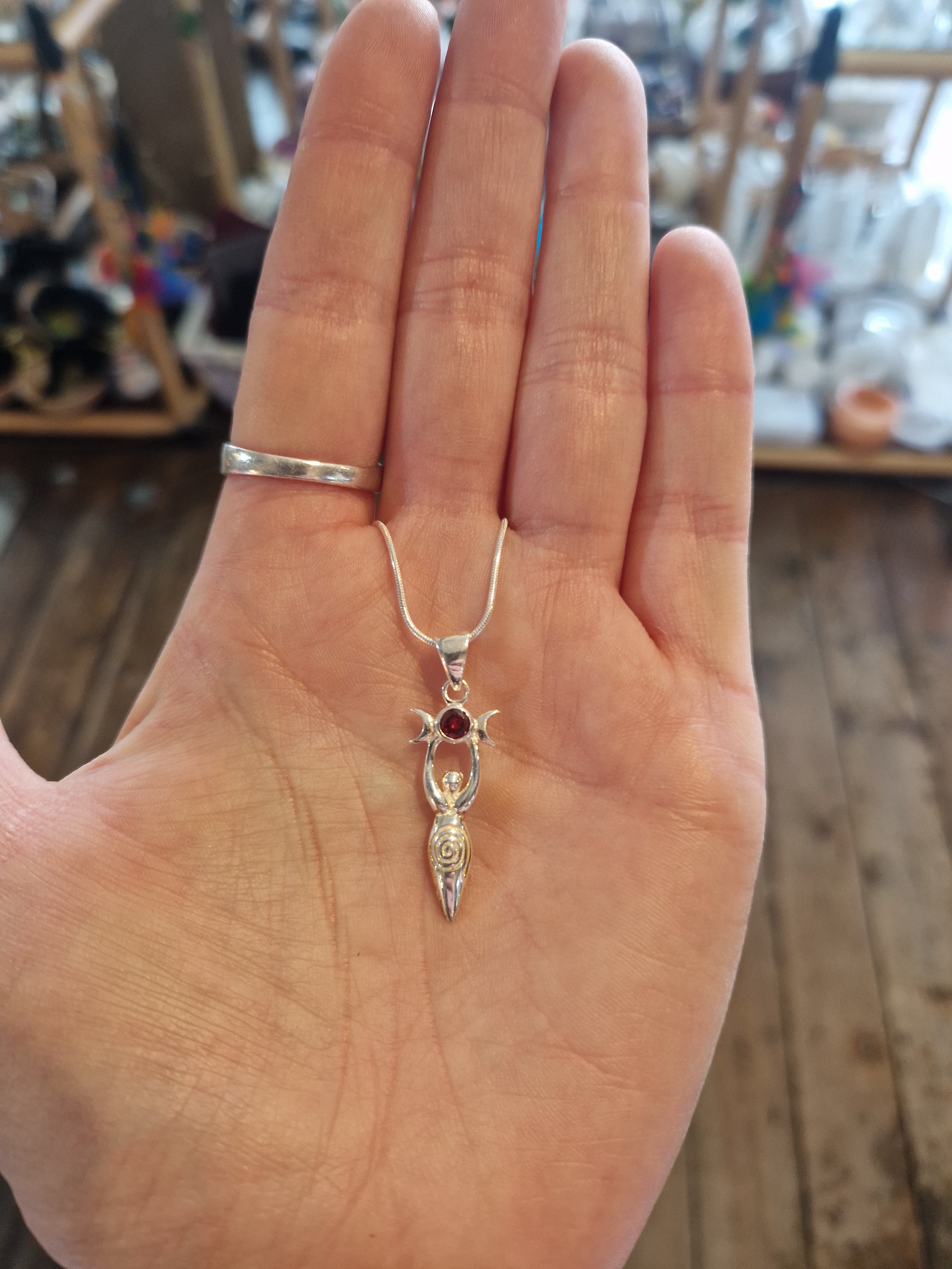 Garnet Silver Goddess Necklace