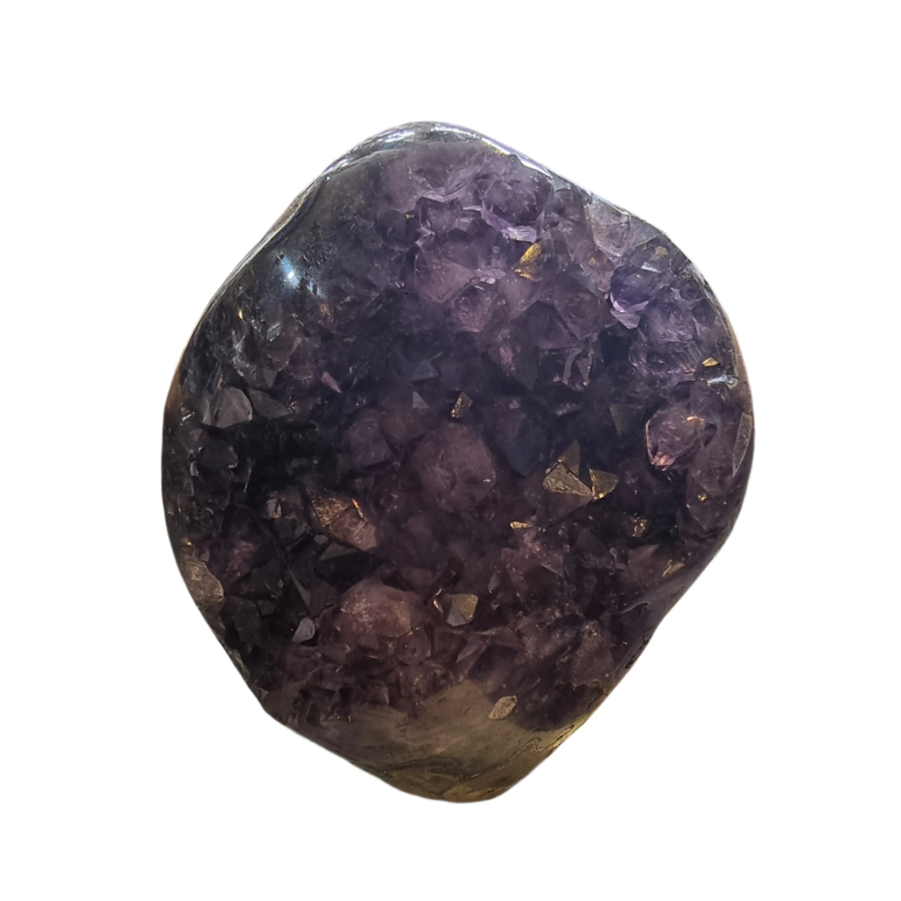 A rough Amethyst Geode with a purple and black patterned surface.