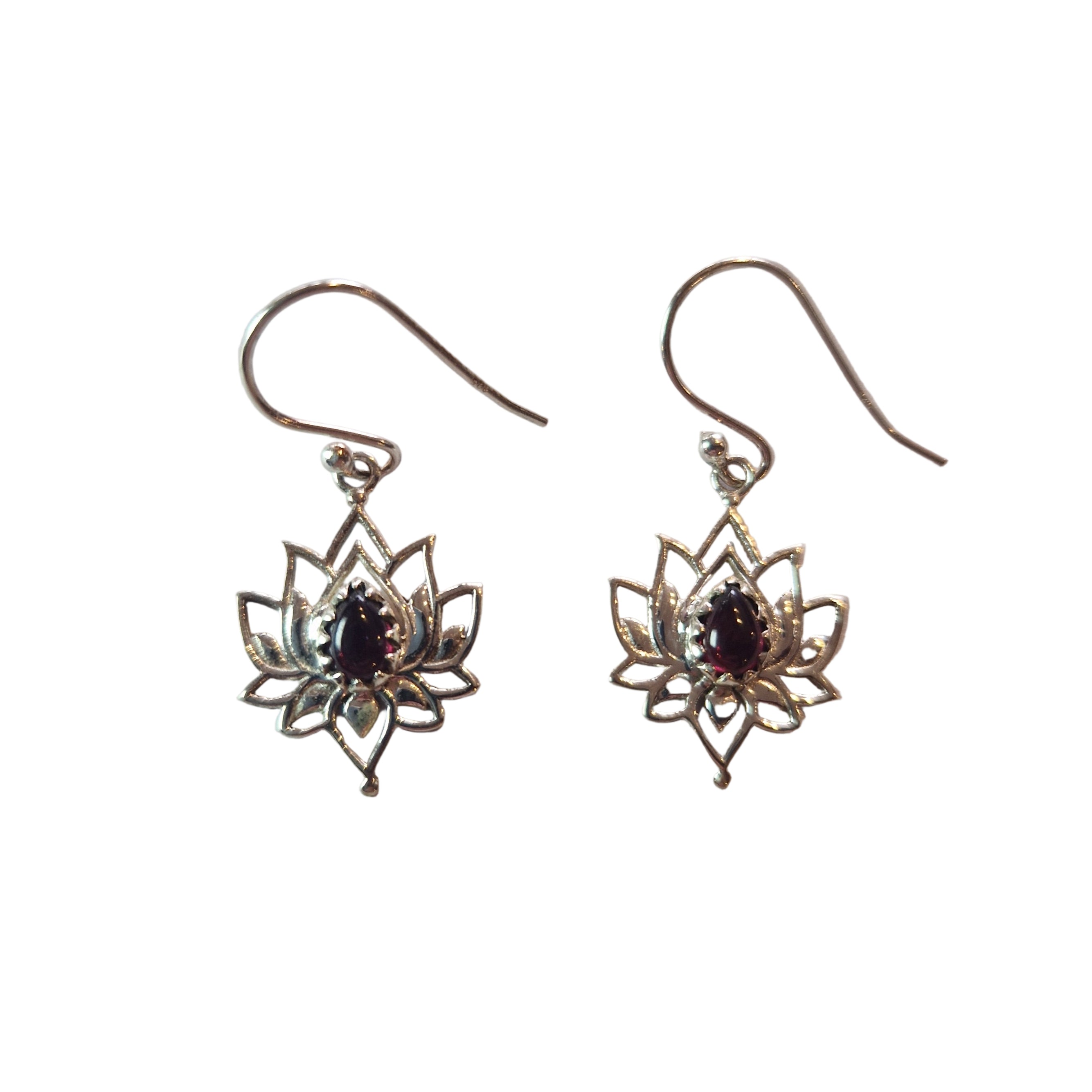 Garnet Lotus Silver Earrings
