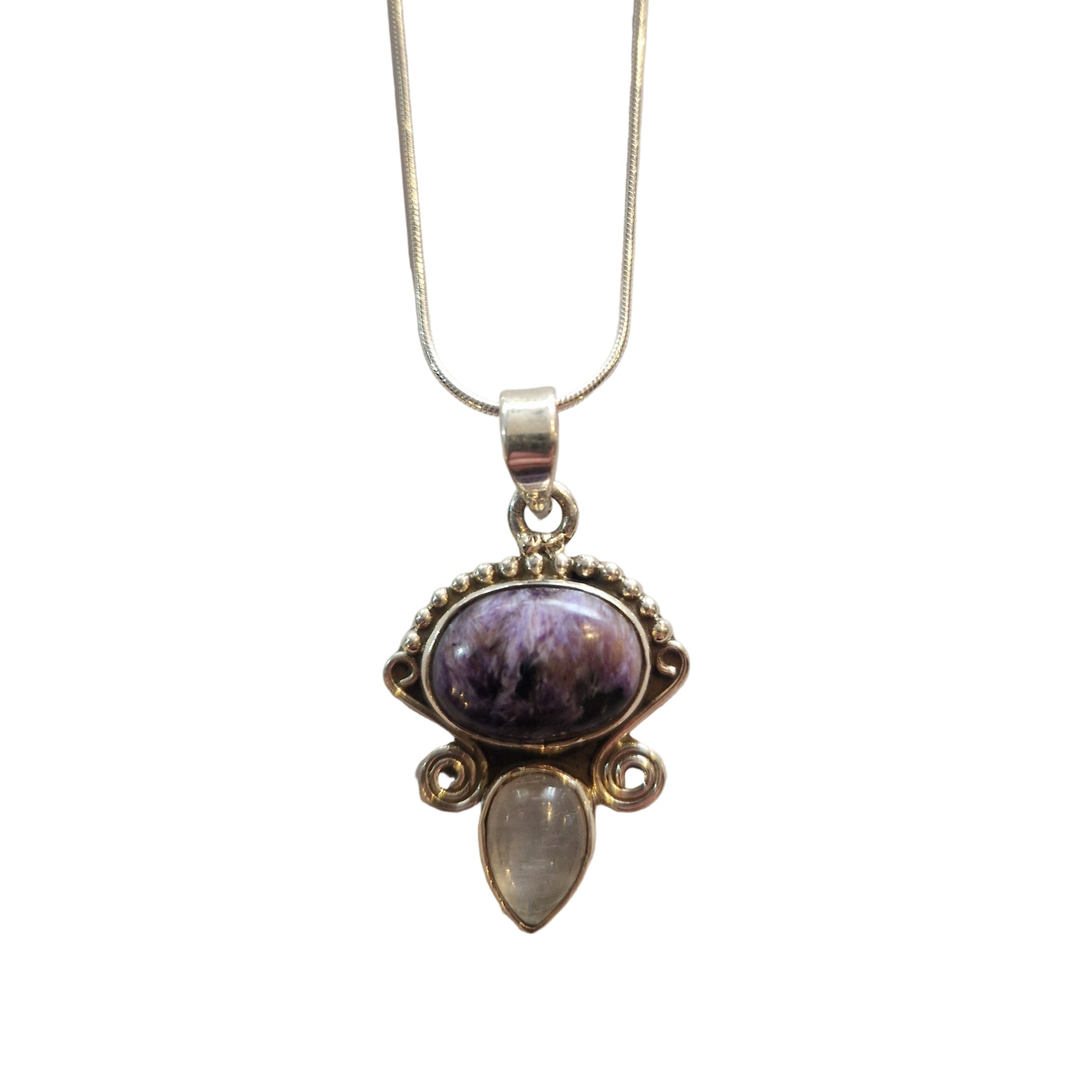 Charoite & Moonstone Silver Necklace