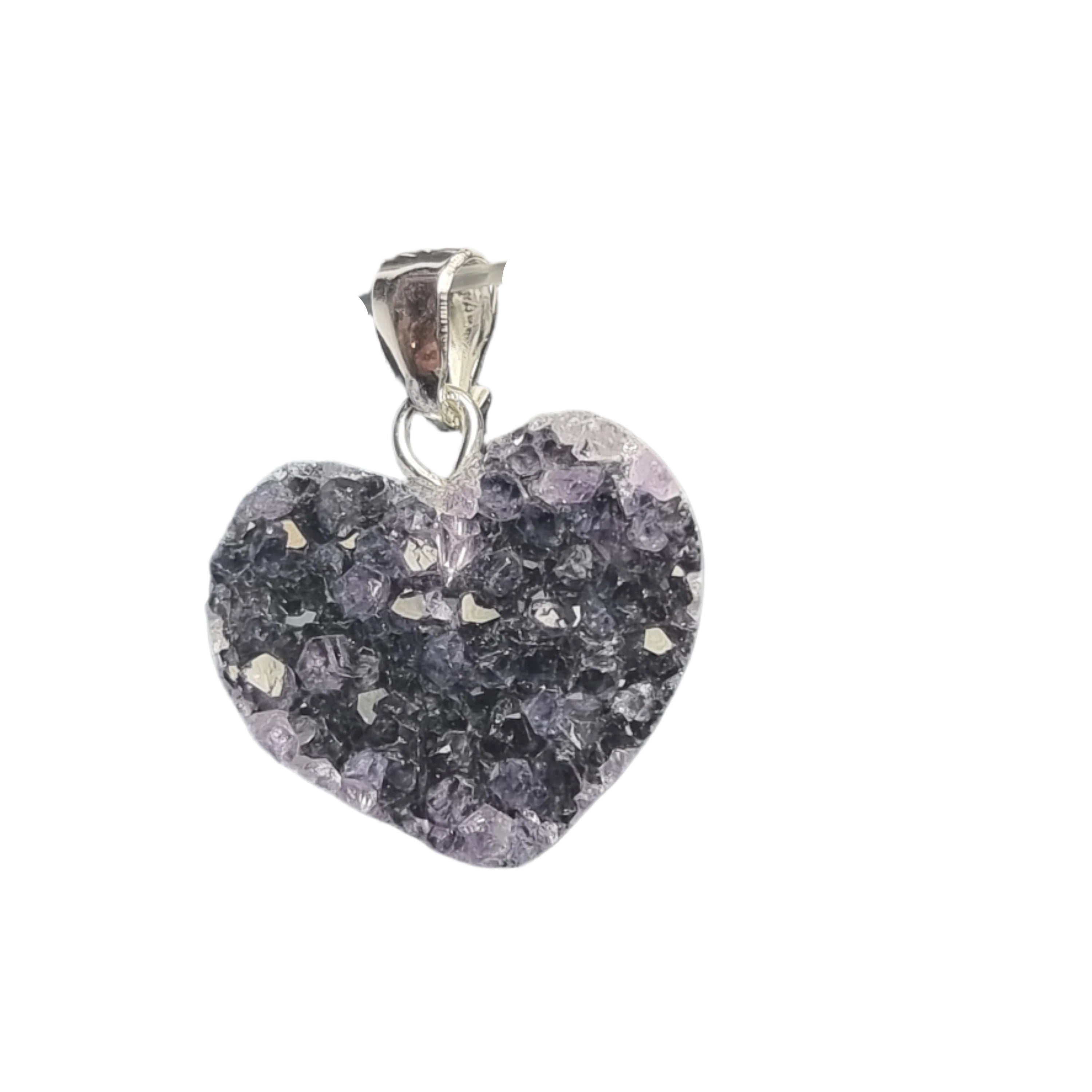 A heart-shaped pendant made of amethyst crystal with a silver setting, intended for use as a piece of jewelry.