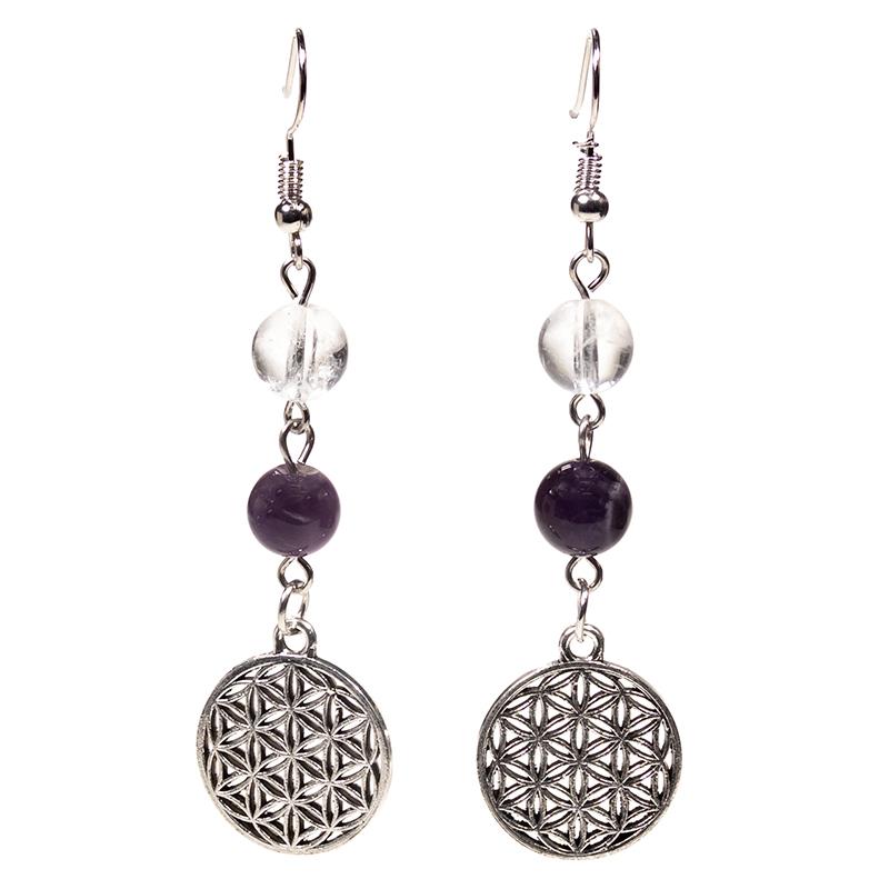 Rock Crystal & Amethyst Flower Of Life Earrings