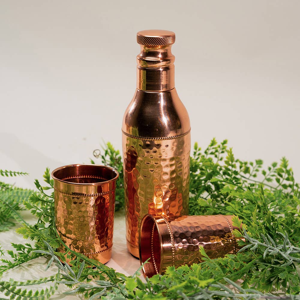 Pure Copper Set (Hammered Bottle & 2 Cups)