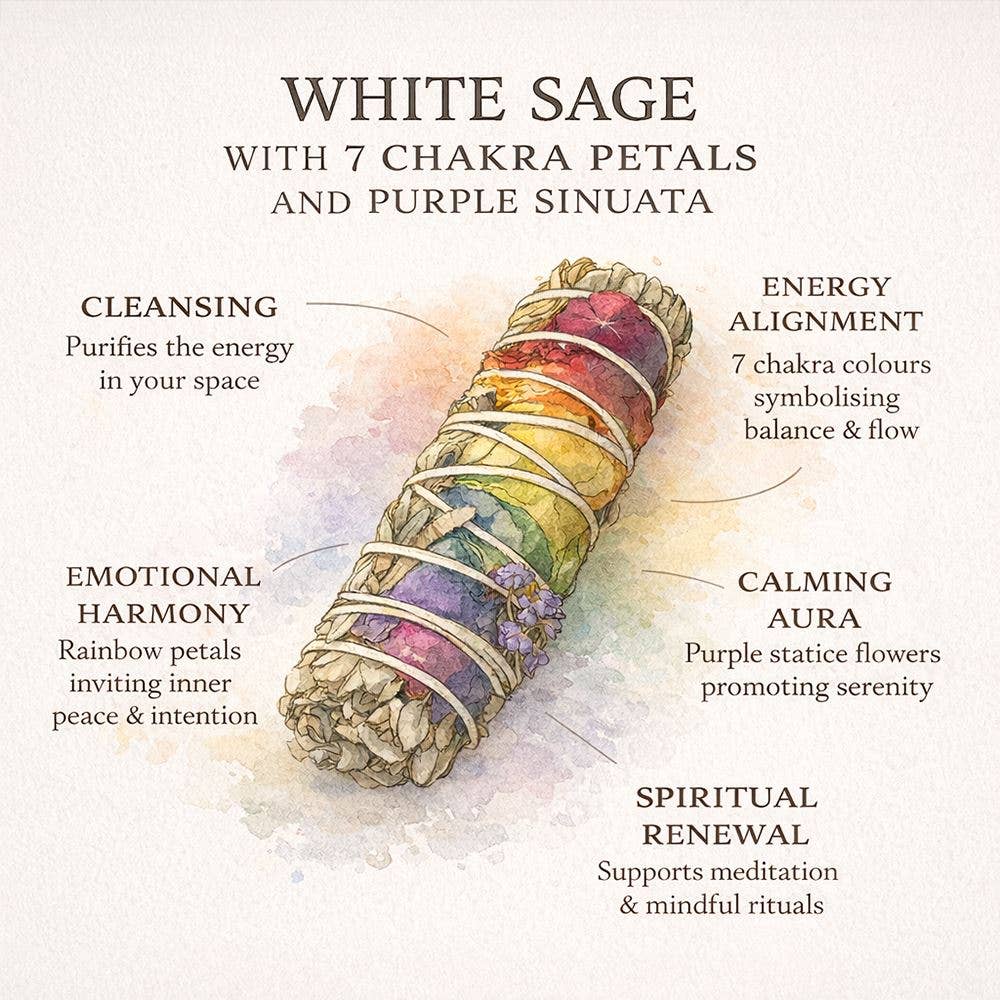 7 Chakra White Sage & Purple Sinuata Smudge Stick, 4"