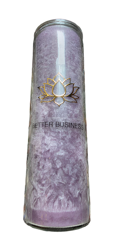 Purple bottle with 'Better Business' branding on a colorful pebble background