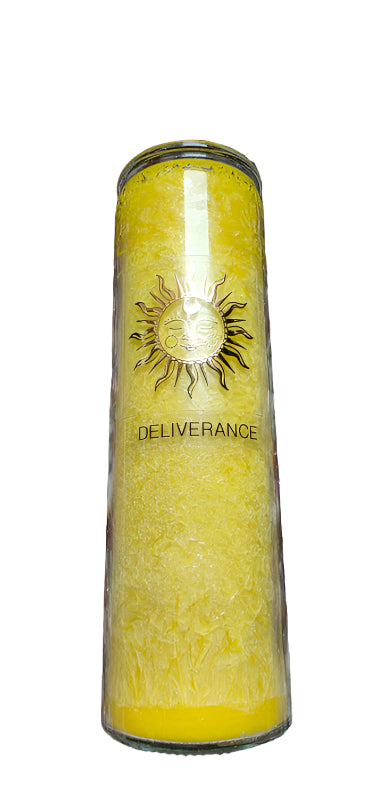 Yellow canister with 'Deliverance' branding on a multicolored stone background