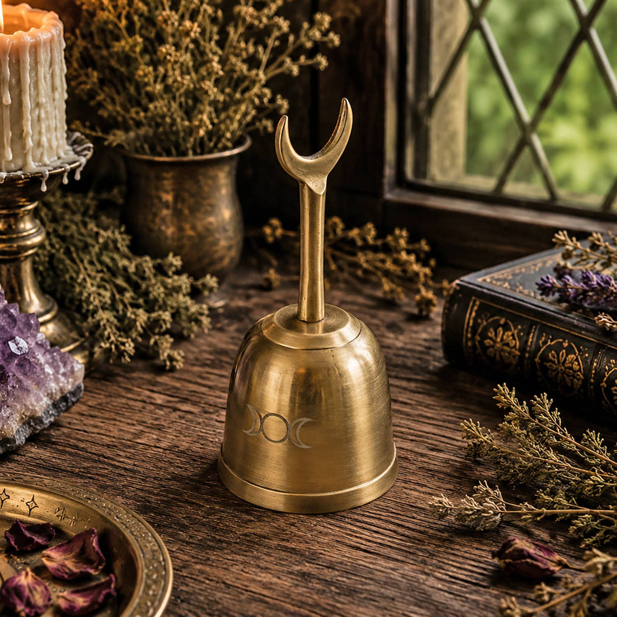 Brass Altar Bell with Triple Moon Design