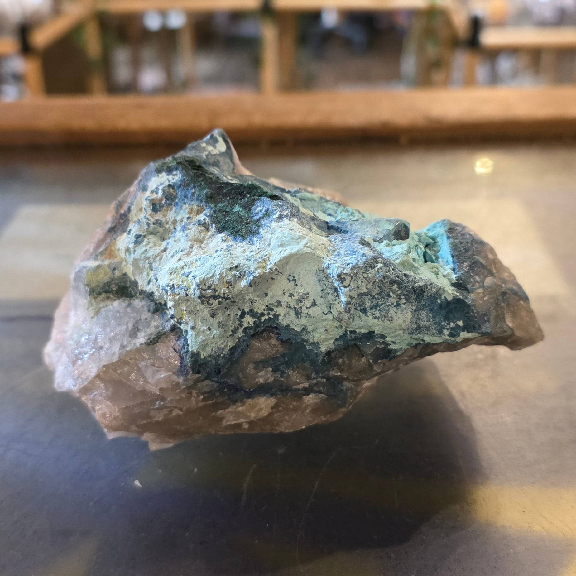 Dioptase on Smokey Quartz