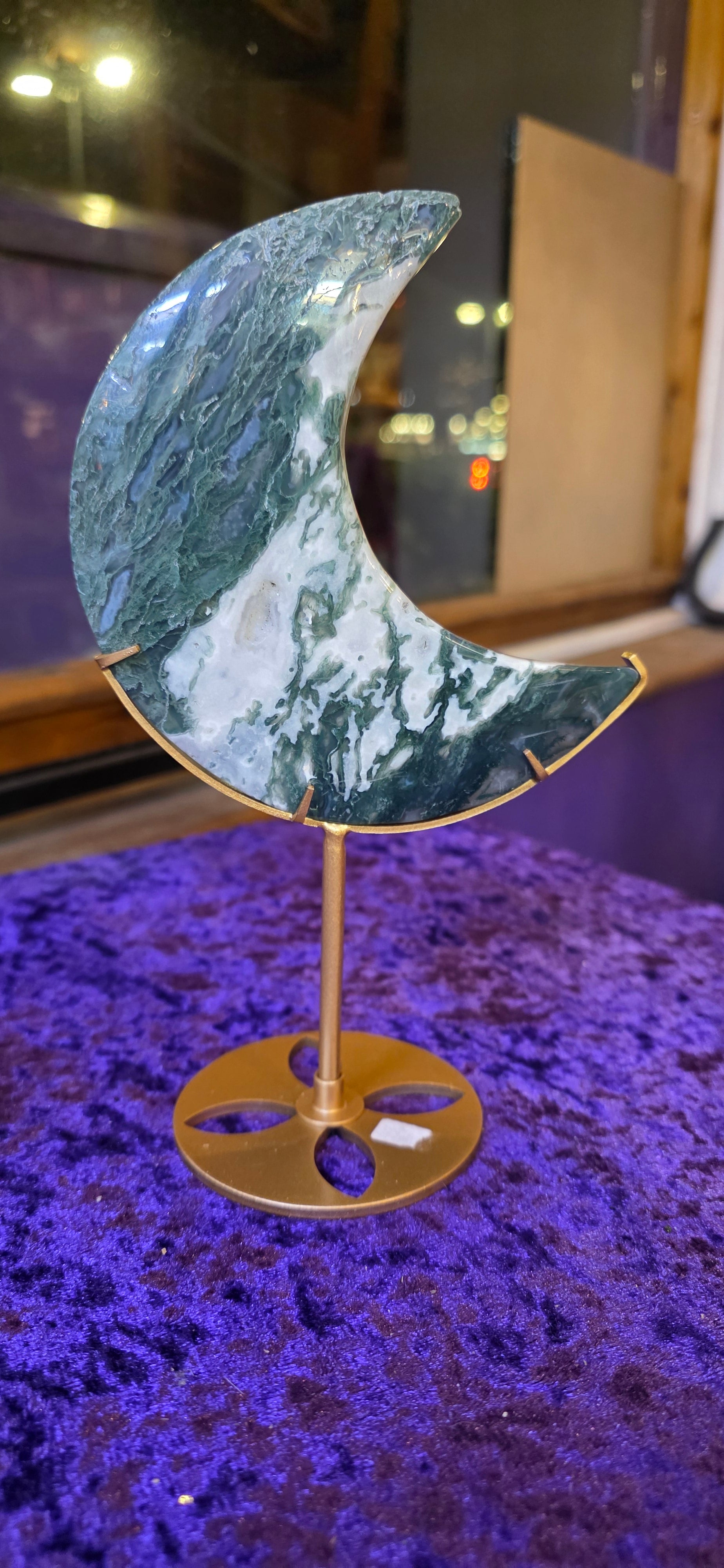 Moss Agate Moon with Stand