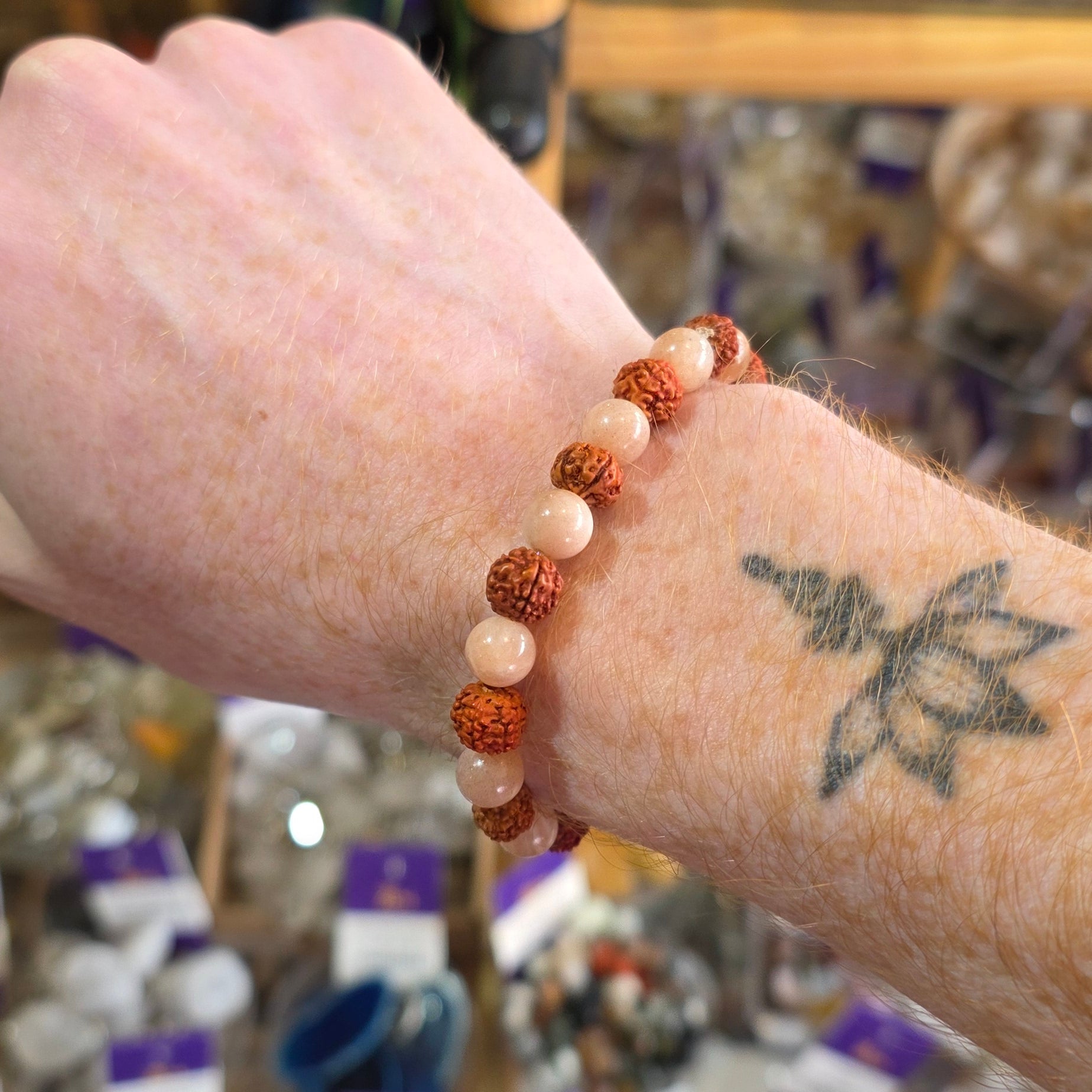 Peach Moonstone & Rudraksha Seed Bracelet