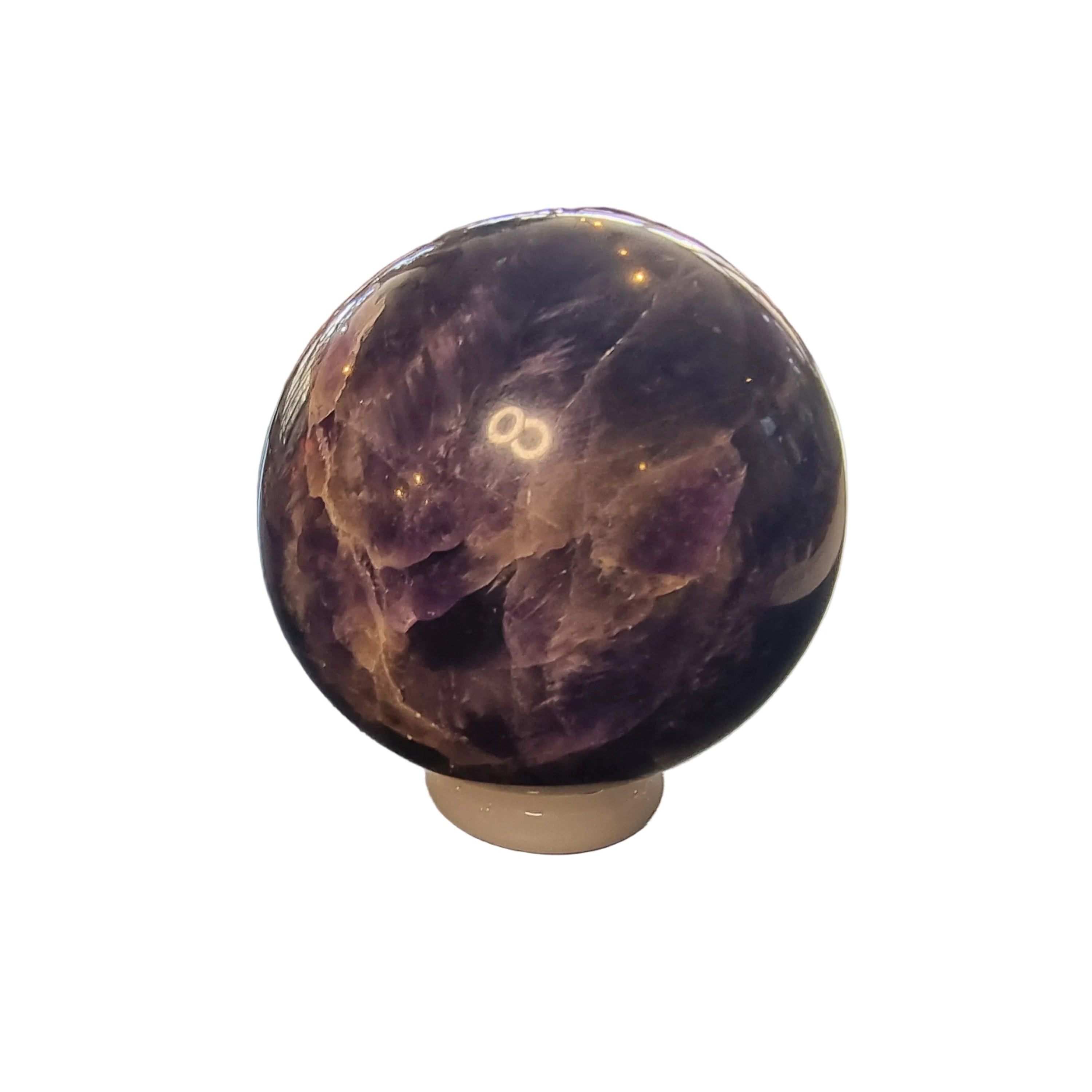 Amethyst crystal ball on a stand with a store interior in the background