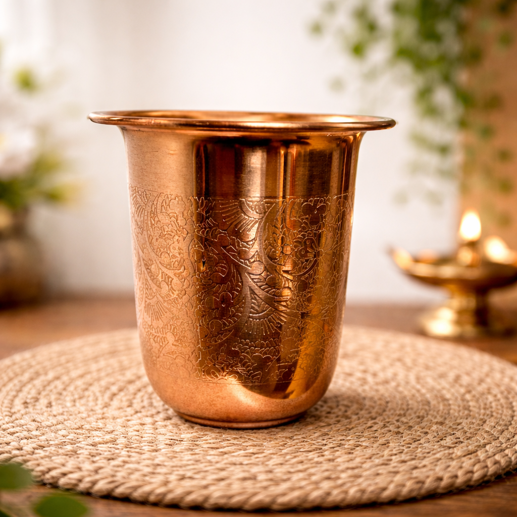 Pure Copper Cup (Curved, Floral, 200ml)