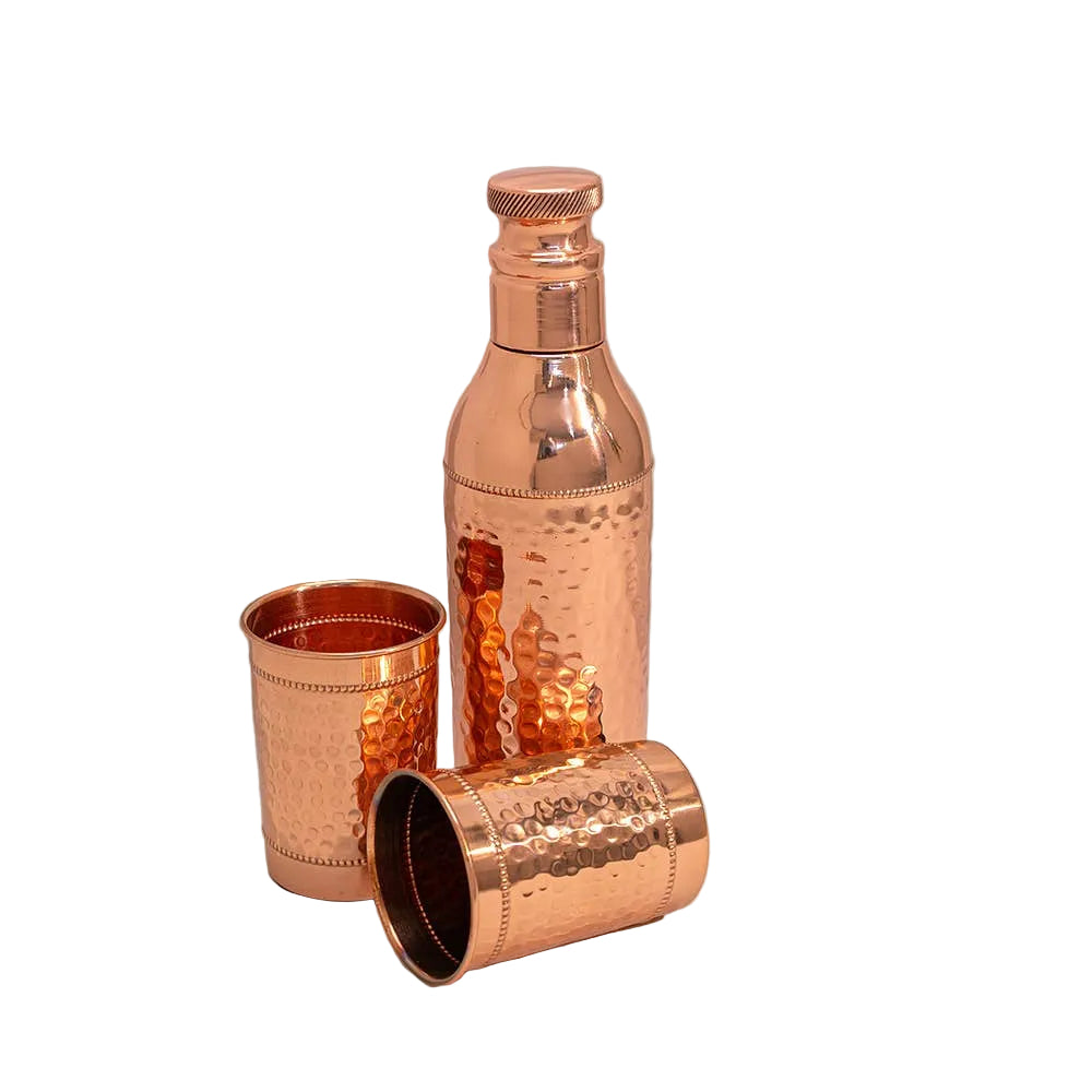 Pure Copper Set (Hammered Bottle & 2 Cups)
