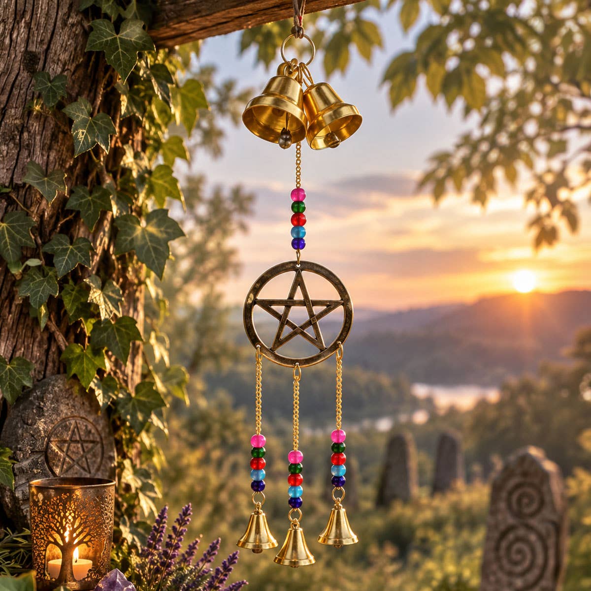 Hanging Bells Pentagram Windchime Gold (45 cm)