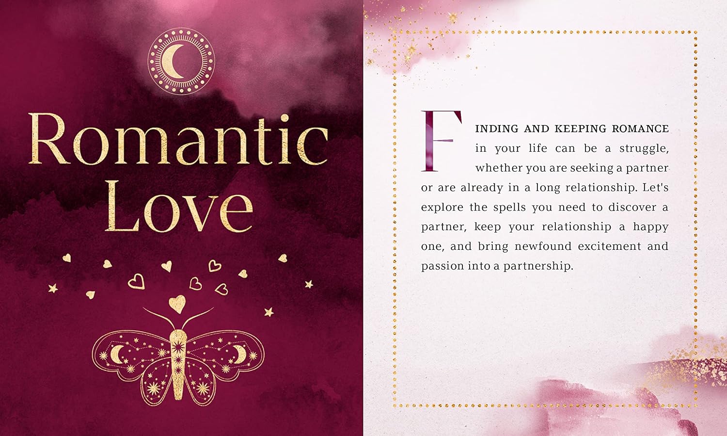 Book or magazine page about romantic love with a butterfly illustration on a pink and purple background.