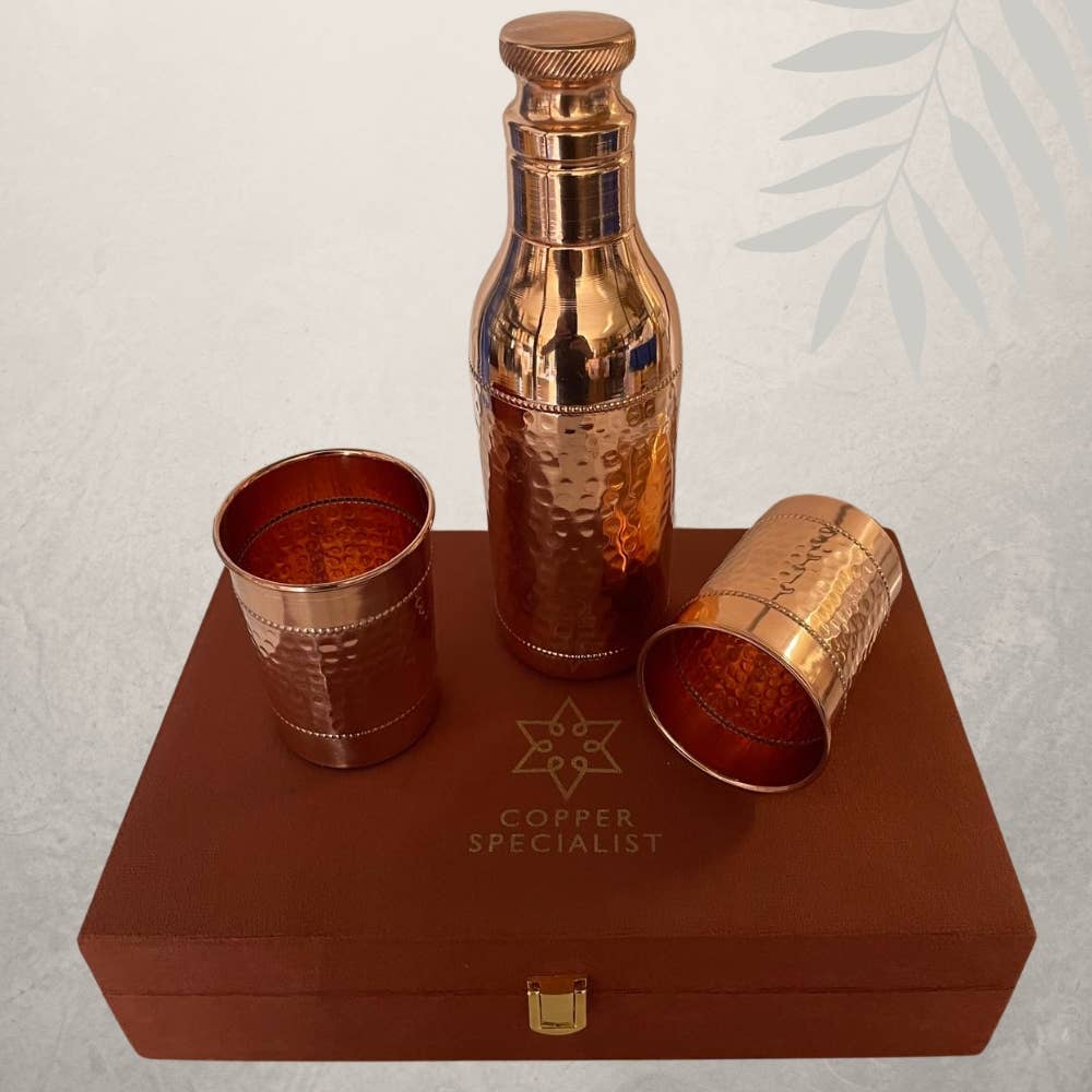 Pure Copper Set (Hammered Bottle & 2 Cups)