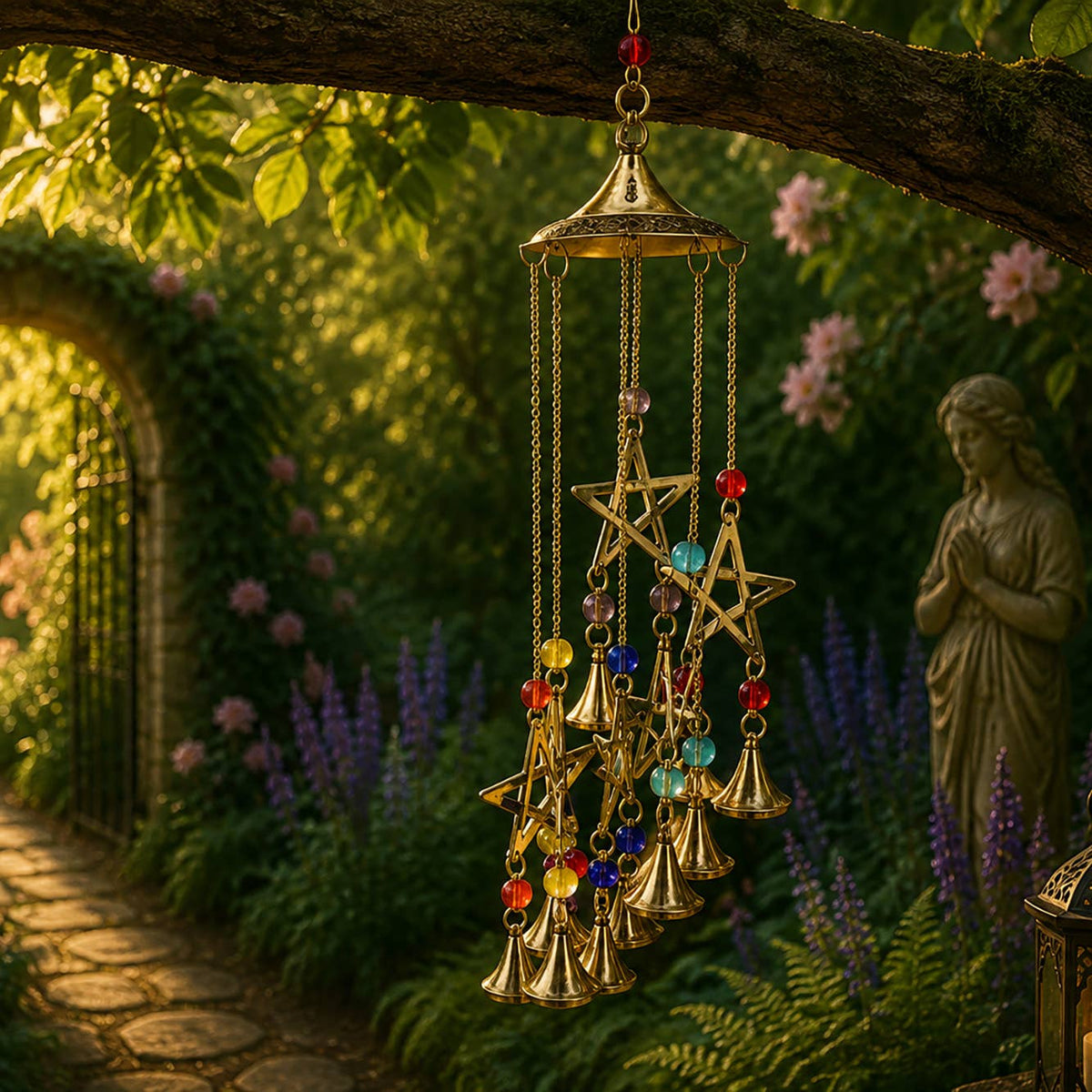 Pentagram Gold Brass Windchime with Colourful Beads