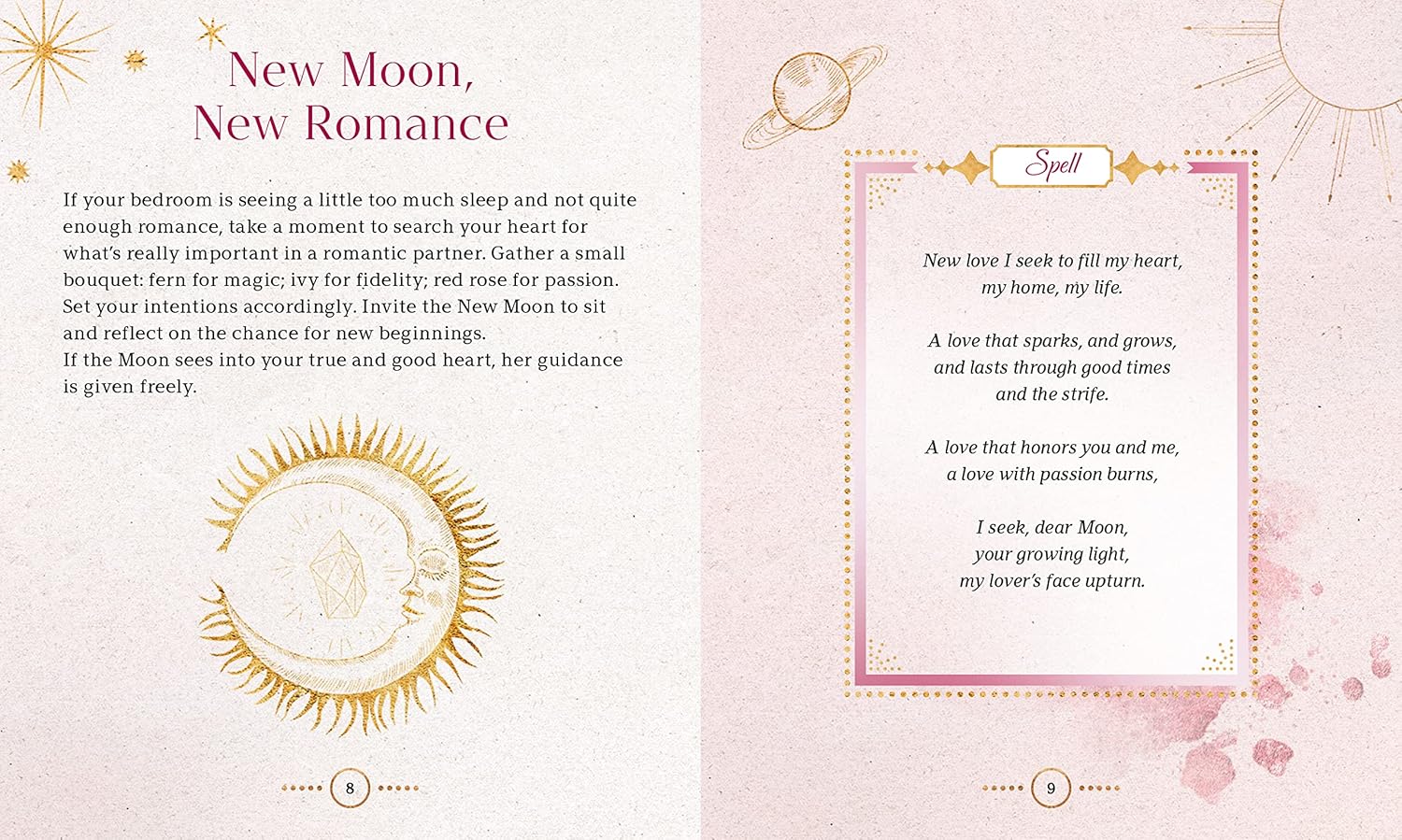 Magical spellbook page with celestial design elements on a pink background
