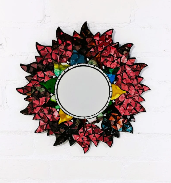 Round Mosaic Sun Mirror (Red)