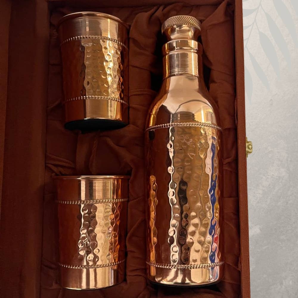 Pure Copper Set (Hammered Bottle & 2 Cups)